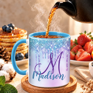 Süßes Aqua-Lila-Einhorn-Glitter-Tropfen-Monogramm Tasse
