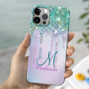 Süßes Aqua Türkis Einhorn Glitter Tropfen Monogram Case-Mate iPhone 14 Hülle