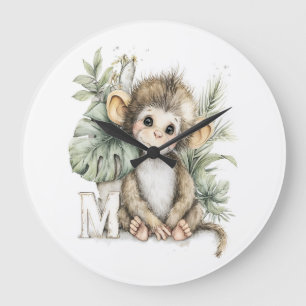 Süßes Aquarell-Baby-Tier-Alphabet-Affe Große Wanduhr