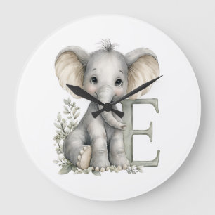 Süßes Aquarell-Baby-Tier-Alphabet Elefant Große Wanduhr