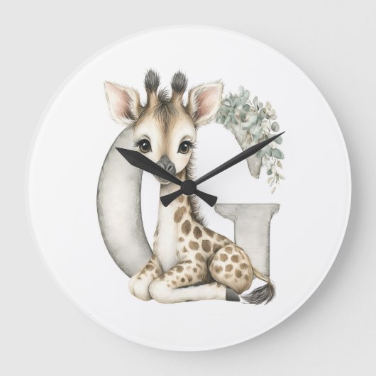 Süßes Aquarell-Baby-Tier-Alphabet Giraffe Große Wanduhr (Vorderseite)