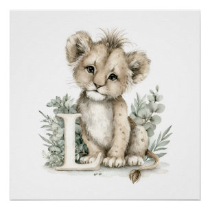 Süßes Aquarell-Baby-Tier-Alphabet Löwe Poster