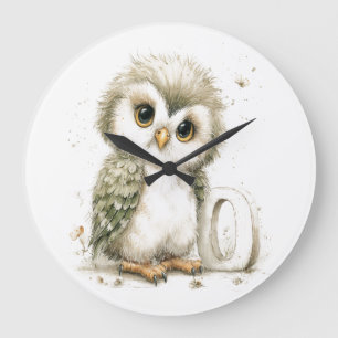 Süßes Aquarell-Baby-Tiere-Alphabet Eule Große Wanduhr