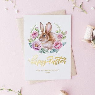 Süßes Aquarell-Hasen-Blumenkranz Frohe Ostern Folien Feiertagskarte