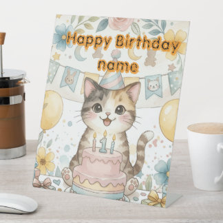 Süßes Aquarell-Katz-Erster-Geburtstag-Podest-Schil Sockelschild