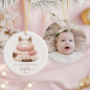 Süßes Aquarell-Katzchen, Baby's 1. Weihnachten Fot Keramik Ornament