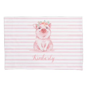 Süßes Aquarell-Schwein mit rosa Streifen Kissenbezug