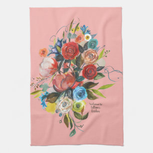 Süßes Aquarellbouquet Koralle Anpassbar Geschirrtuch