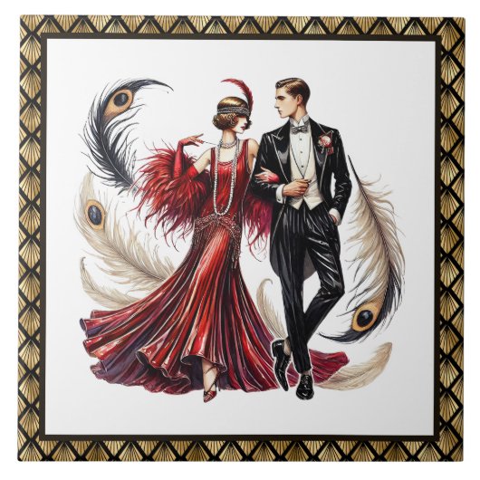 Süßes Art Deco Paar Fliese (Vorderseite)