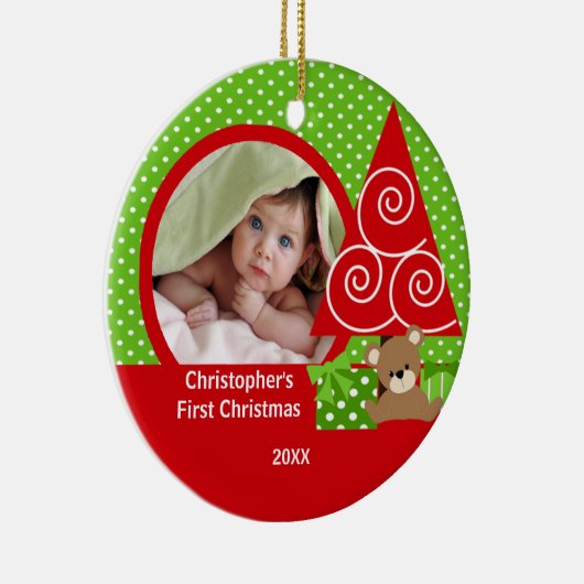 Süßes Baby-Bärn-Jungen-Foto-erste Keramikornament (Rechts)