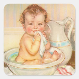 Süßes Baby beim Baden Quadratischer Aufkleber