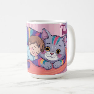 Süßes Baby, das auf einer riesigen Regenbogen-Fluf Kaffeetasse