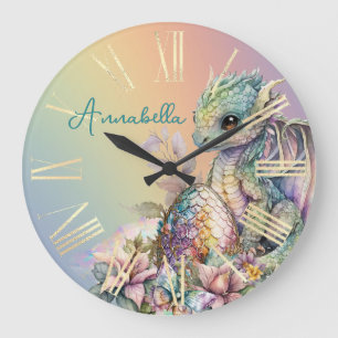 Süßes Baby-Drachenei auf Regenbogen Große Wanduhr