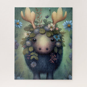 Süßes Baby-Elch Blau Weiße Blumen Malerei Puzzle
