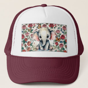 Süßes Baby-Elefant mit Rosen und Schmetterlingen Truckerkappe