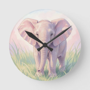 Süßes Baby-Elefant Pastell-Wiese Runde Wanduhr