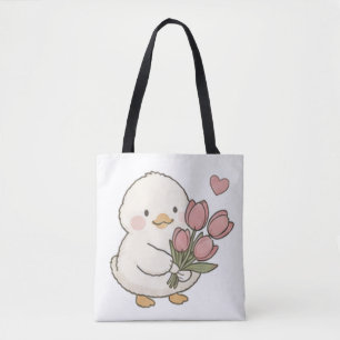 Süßes Baby-Entenküken hält Tulpenstrauß Ästhetik Tasche