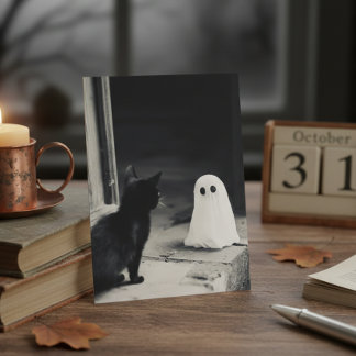Süßes Baby-Gespenst und Kätzchen Halloween Postkarte