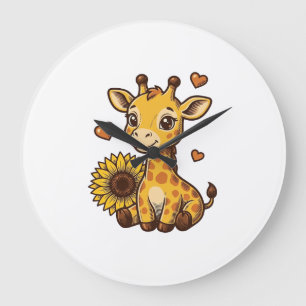 Süßes Baby-Giraffen-Sonnenblumen-Vintage-Stickerei Große Wanduhr