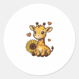 Süßes Baby-Giraffen-Sonnenblumen-Vintage-Stickerei Runder Aufkleber