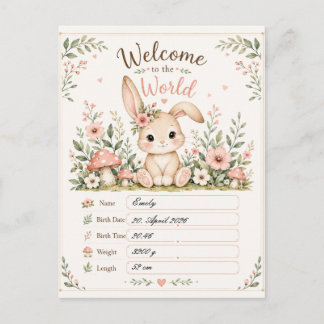 Süßes Baby Hasen Design mit Geburtsdaten Feldern Postkarte