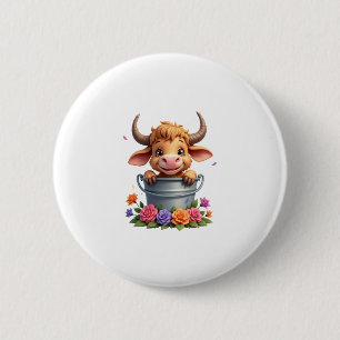 Süßes Baby Highland-Kuh Mit Blumen Kalb Tier co Button