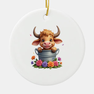 Süßes Baby Highland-Kuh Mit Blumen Kalb Tier co Keramik Ornament