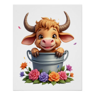 Süßes Baby Highland-Kuh Mit Blumen Kalb Tier co Poster