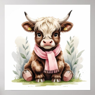 Süßes Baby Highland-Rind mit Blumen – Bauernhof-Nu Poster