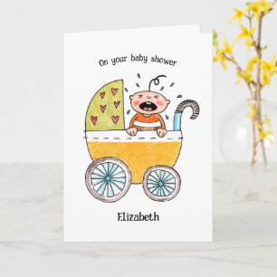 Süßes Baby im Kinderwagen auf deiner Babyparty Karte