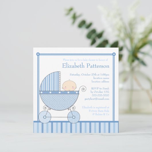 Süßes Baby in der Wagen-Babyparty im Blau Einladung (Stehend Vorderseite)