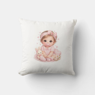 Süßes Baby Mädchen & Hase Rosa Kissen Süße Kinde