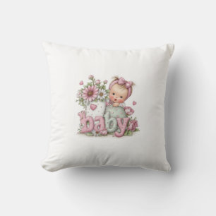 Süßes Baby Mädchen mit Blumen & rosa Buchstaben    Kissen