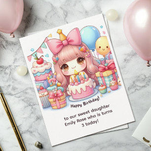 Süßes Baby-Mädchen mit Schleife im Kawaii-Stil zum Karte