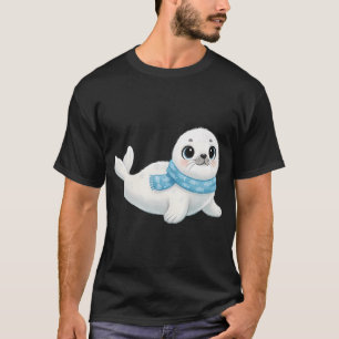 Süßes Baby-Sattelrobben tragend ein blaues Fischmu T-Shirt
