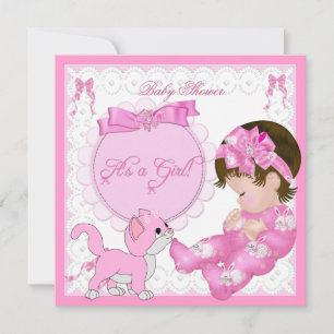 Süßes Baby Shower Mädchen Kätzchen Rosa Weiß Einladung