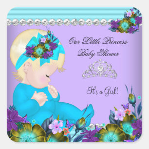 Süßes Baby Shower Mädchen Teal Blau Lila Blond Quadratischer Aufkleber
