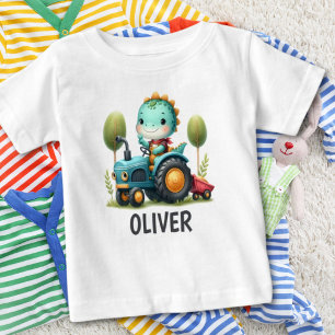 Süßes Baby-T-Rex-Dinosaur auf einem blauen Traktor Baby T-shirt