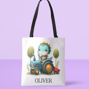 Süßes Baby-Trex-Dinosaur auf einem blauen Traktor  Tasche