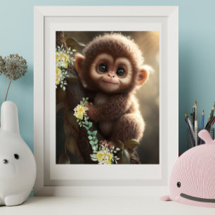 Süßes Babyäffchen sitzt auf einem Baum mit gelben Poster