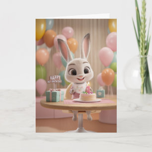 Süßes Babykaninchen mit Kuchen und Luftballons 1.  Karte