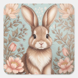 Süßes Babykaninchen Pastell-Blumenmuster  Quadratischer Aufkleber