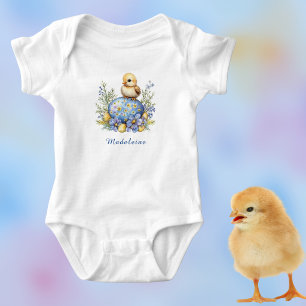 Süßes Babyküken Osterei Blau Gelb Monogramm Baby Strampler