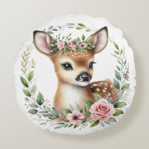 Süßes Babyreh mit rosa Blumen Rundes Kissen