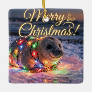 Süßes Babyrobbenbaby umwickelt mit Weihnachtslicht Keramikornament
