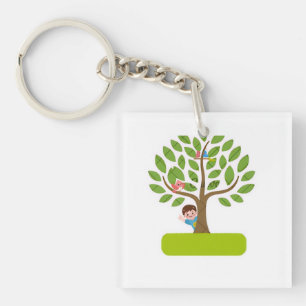 Süßes Baum-T-Shirt-Design mit Kindern und Vögeln Schlüsselanhänger