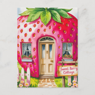"Süßes Beerenhäuschen" Whimsical Strawberry House Feiertagspostkarte