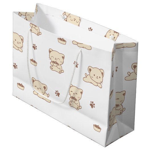 Süßes Beiges Katzenmuster (2) Große Geschenktüte (Vorderseite Schrägansicht)
