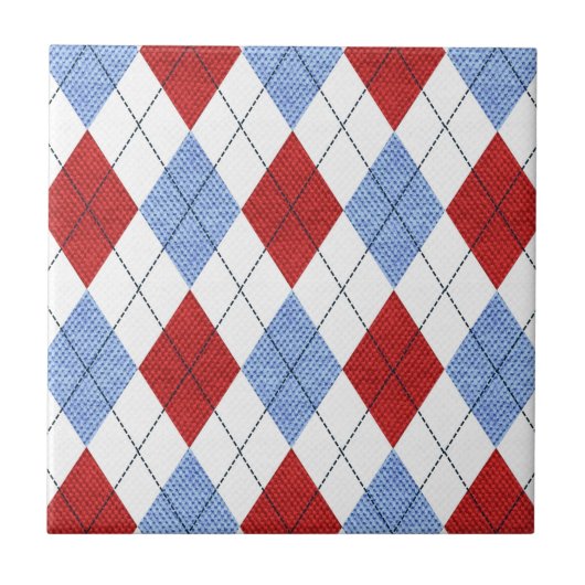 Süßes blau-rotes Argyle-Stoffmuster Fliese (Vorderseite)