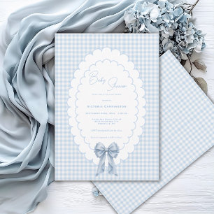 Süßes Blau-Weiß-Gingham-Vintage-Baby-Shower1 Einladung